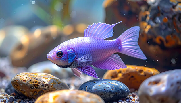 Vibrant blue ram cichlid fish swimming in a freshwater aquarium scene