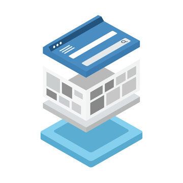 Isometric 3D Website Builder Interface.
