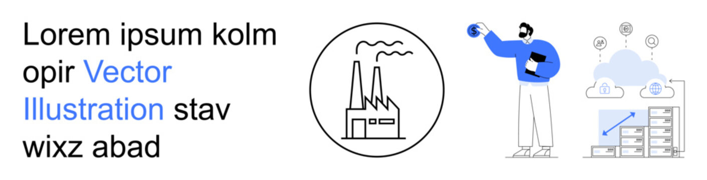 Industry automation, data management, cloud services, digital innovation, workflow optimization, futuristic solutions. Factory icon, person with data sphere cloud operations. Industry automation