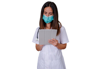 Fototapeta premium Medical professional wearing a protective face mask and a white uniform, interacting with a tablet for digital healthcare services. Transparent background