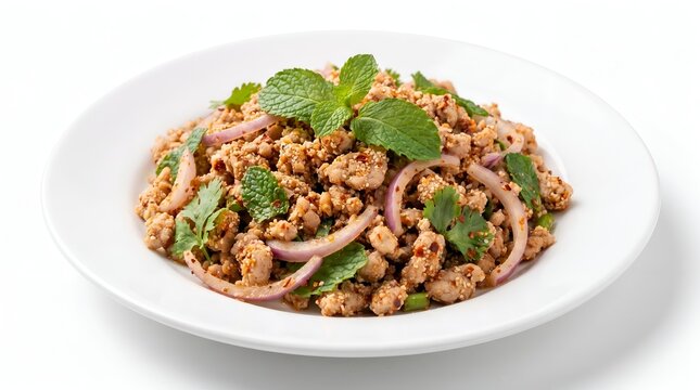 Spicy Thai Minced Pork Salad (Larb Moo) Isolated on White Background