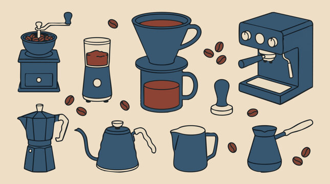 Coffee Brewing Equipment Collection Illustration with Coffee Beans