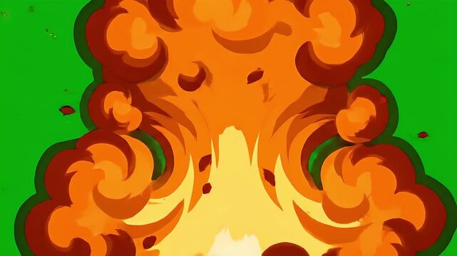 A vibrant, stylized orange and yellow explosion effect with smoke and flames against a bright green screen background, suitable for graphic design.