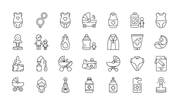 Motherhood and baby care thin line icon set vector illustration style