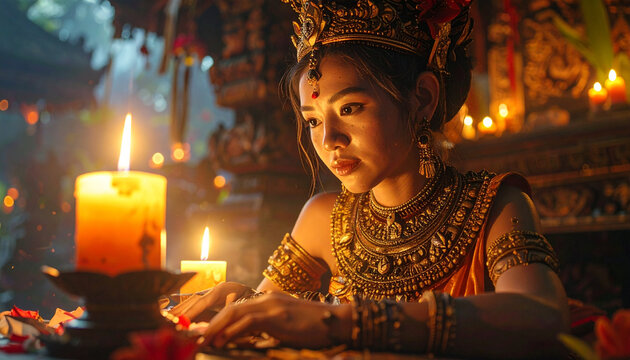 Woman adorned with jewelry and headdress illuminated by candle light
