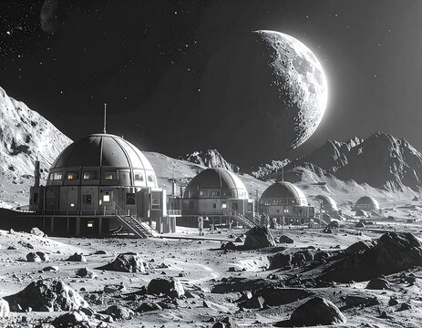 Futuristic Lunar Habitat Domes Standing on Rocky Moon Surface Under Crescent Planet