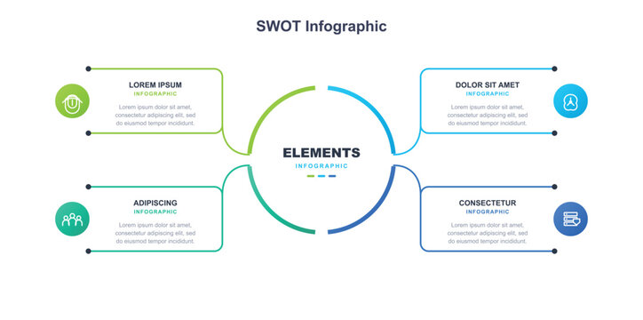 Professional swot analytical infographic layout with a divided center circle linked to four symmetrical rounded text boxes for corporate reports