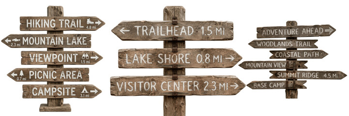A Set of rustic wooden trail signpost PNG clipart, multiple hiking direction boards isolated on white for adventure map, campground design, travel branding and nature projects   © Maya