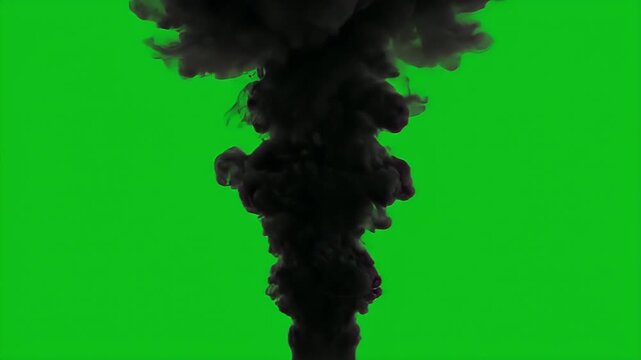 Dense black smoke plume rising dramatically against a vibrant green screen background, suggesting an explosion or fire effect for visual compositing.