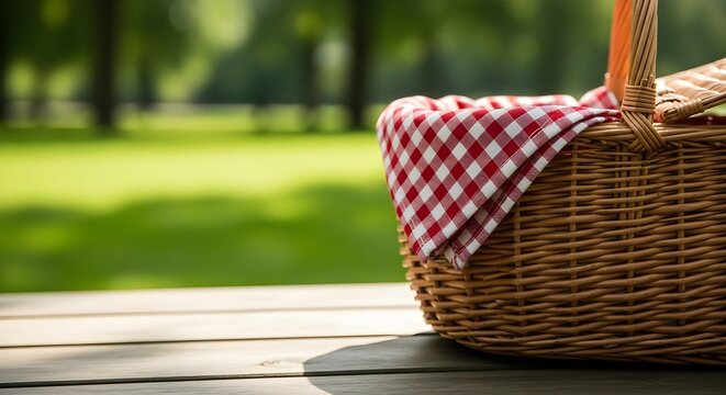 A Wicker Picnic Basket Covered With A Red And White Gingham Cloth Sitting On A Wooden Table In A Sunny Park