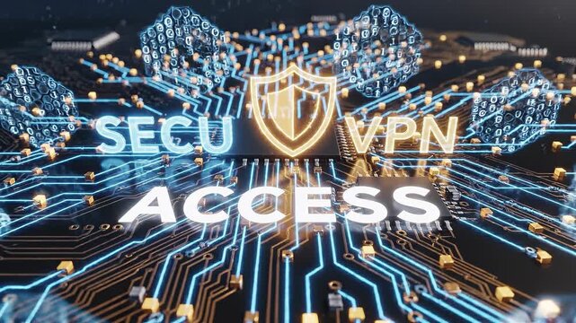 Close-up of microchip circuit board with glowing encrypted network pathways and a digital shield illustrating secure VPN access, data protection, and hardware-level cybersecurity
