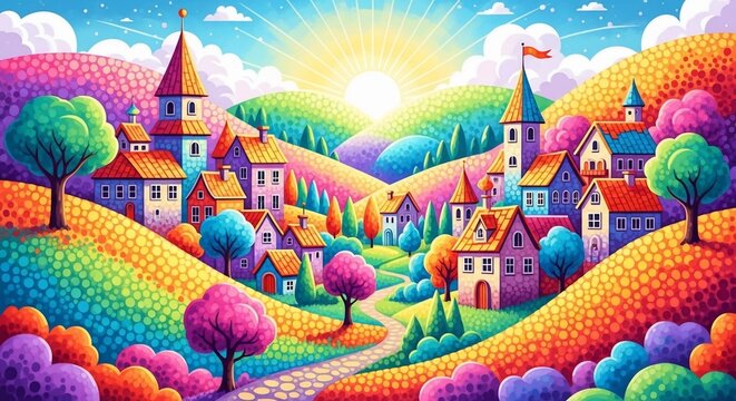 Colorful village landscape illustration