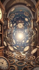 Fototapeta premium Grandfather clocks and mechanical gears floating through stone hallway toward bright light portal. Surreal concept of time travel and eternity.