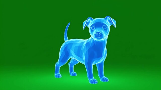 A digitally rendered blue glowing puppy stands against a vibrant green background, showcasing a futuristic or scientific visualization.