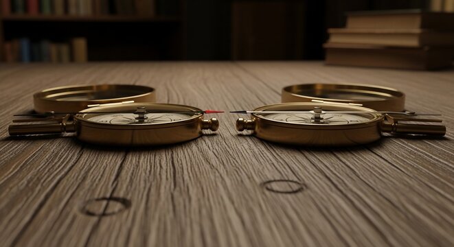 Compasses on wooden surface