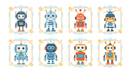 Fototapeta premium Robot Collection: A charming collection of eight diverse robot illustrations, each presented in a decorative frame, showcasing a variety of designs and personalities in a playful.