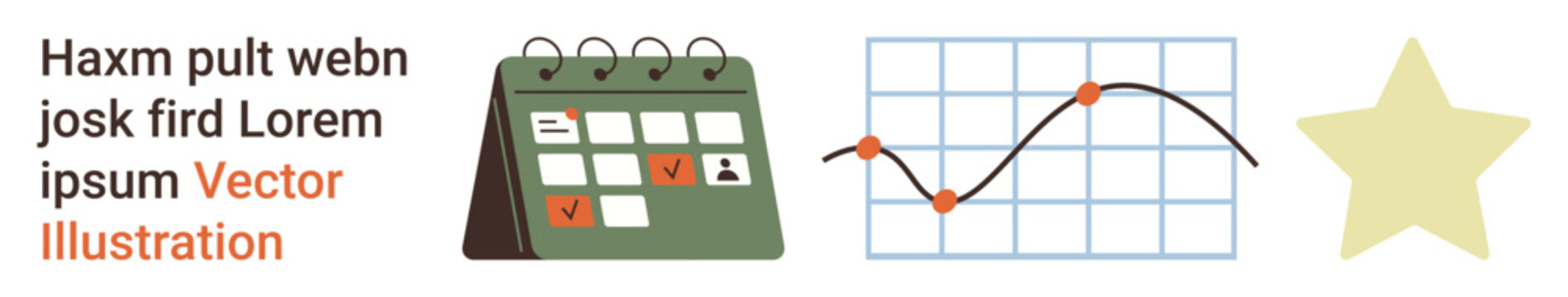 Data analysis, productivity planning, professional success, achievement tracking, goal setting, performance evaluation. A tangible calendar, plot chart and star icons. Data analysis and productivity
