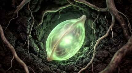 Obraz premium Bioluminescent seed pod buried deep underground among tangled tree roots.