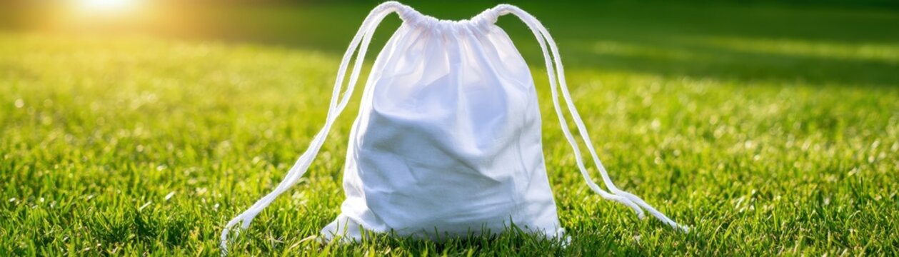White fabric drawstring bag sitting on  green grassy lawn in sunny outdoor environment