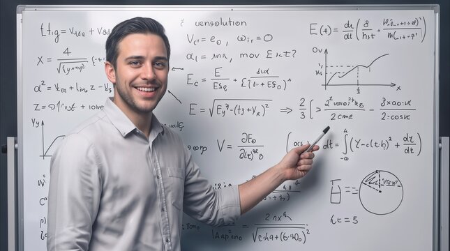 Professor explaining complex physics equations on whiteboard in classroom. Academic researcher presenting mathematical formulas during university lecture.