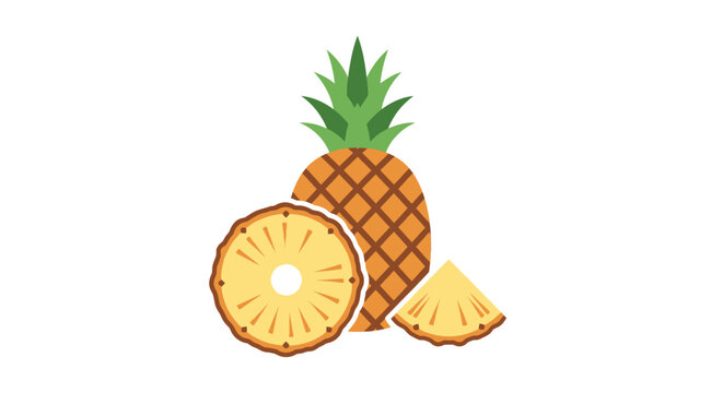 Fresh pineapple fruit illustration with slice and wedge isolated on white background