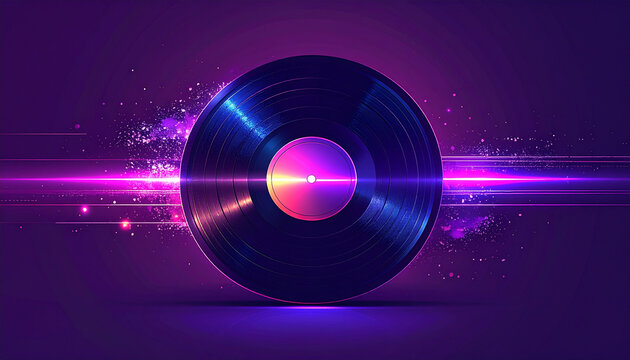 Vinyl record with neon light effect on purple background