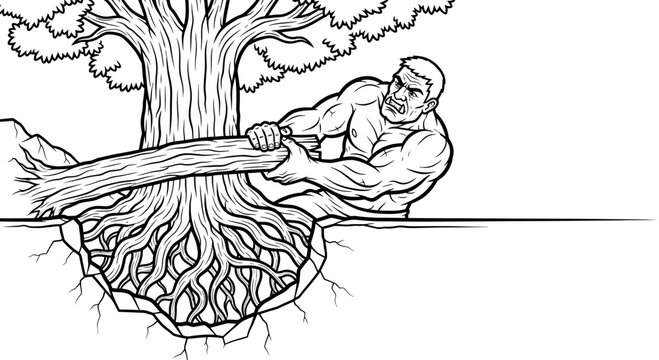 Strong man uprooting a tree with powerful roots, symbolizing strength and determination