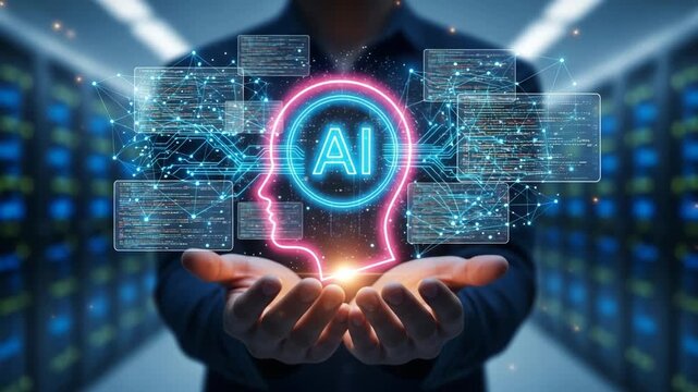 Futuristic ai concept in data center with glowing human head and holograms 4K Ai HD high quality video.