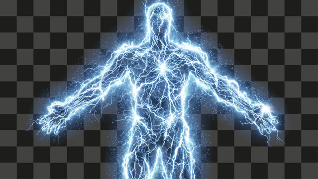 Human silhouette body composed of glowing blue lightning and electrical energy field on transparent background.