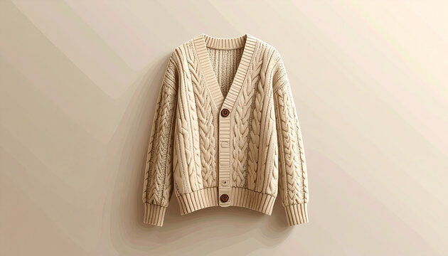 Cream colored cable knit cardigan sweater isolated