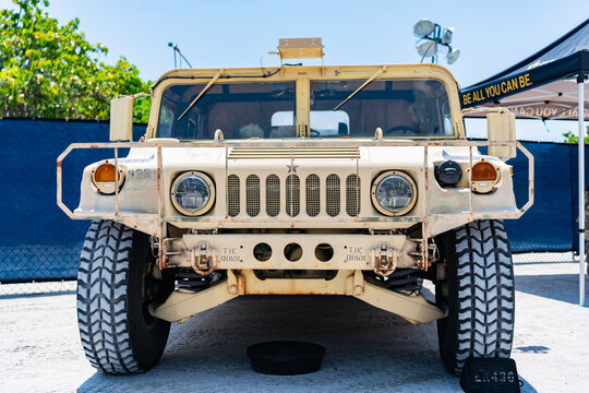 Miami, Florida, USA - May 23, 2025: AM General HMMWV Humvee light military tactical vehicle. Military truck HMMWV Humvee. Tactical vehicle HMMWV Humvee outdoor, corner view