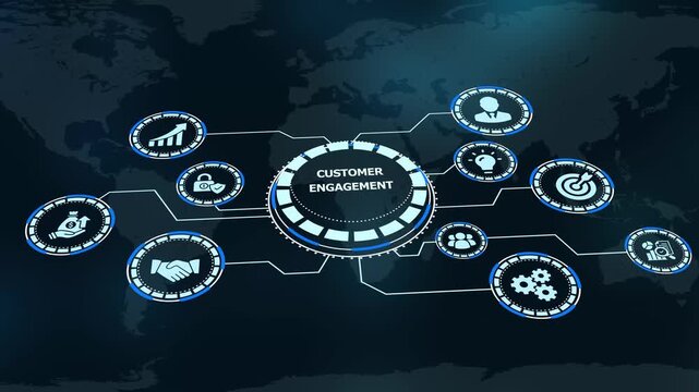 Customer engagement text on high tech virtual hud interface with audience interaction icons over abstract dark background