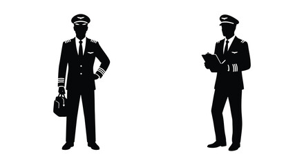 Two airline pilots in uniform with luggage and clipboard black silhouette © APIM02SN