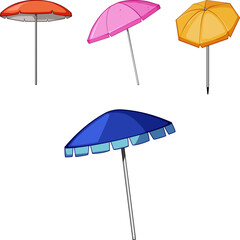 Obraz premium Four colorful beach umbrellas on a white background offering sun protection and shade, evoking summer vacations, relaxation, outdoor leisure and warm weather travel essentials