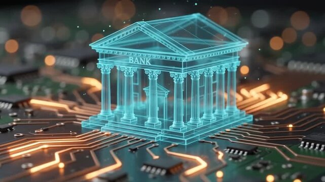 Futuristic virtual bank building. Digital architecture of the modern financial system