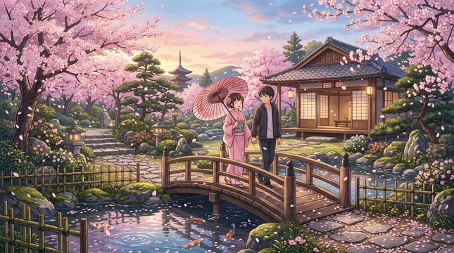 Couple in Traditional Attire Stroll under Cherry Blossoms on Wooden Bridge