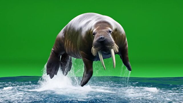 A powerful walrus with long tusks leaps dramatically out of the water against a bright green screen background.