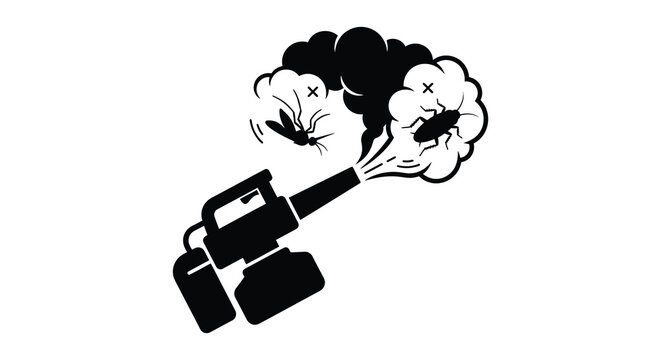 Pest control sprayer eliminating insects with smoke cloud black and white silhouette