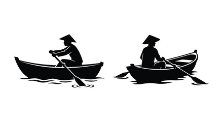 two traditional asian boats with rowers in conical hats black silhouette © APIM02SN
