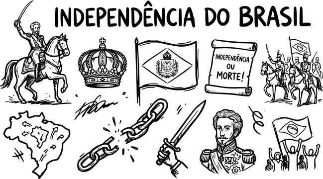 Brazilian Independence Day History Symbols in Black  White Line Art. Hand-drawn doodle vector collection featuring Dom Pedro I, Imperial Crown, Flags, and Map of Brazil.