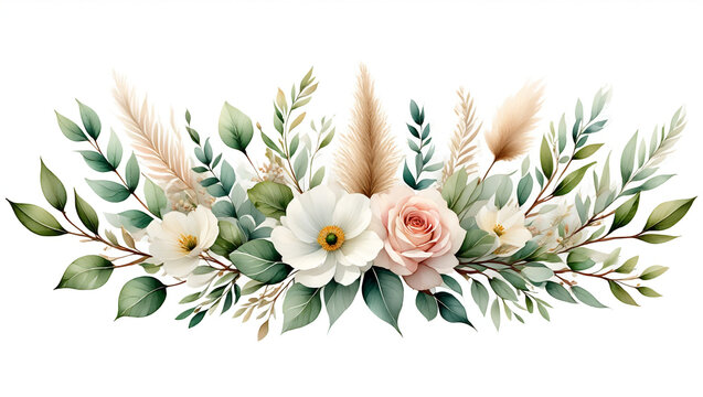 Watercolor floral horizontal bottom border template; Elegant botanical flower arrangement header footer; Pastel flowers and pampas grass banner background; Romantic watercolor foliage card design