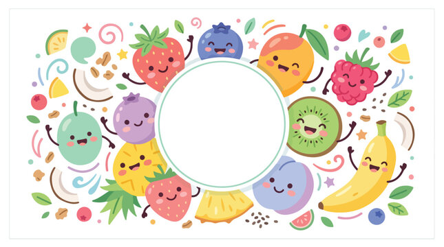 Cute cartoon fruit characters border with a central copy space frame.
