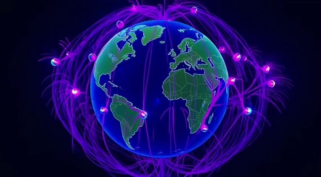 Quantum Satellite Telemetry Network Purple Fiber Optic Grid Surrounding Digital Earth