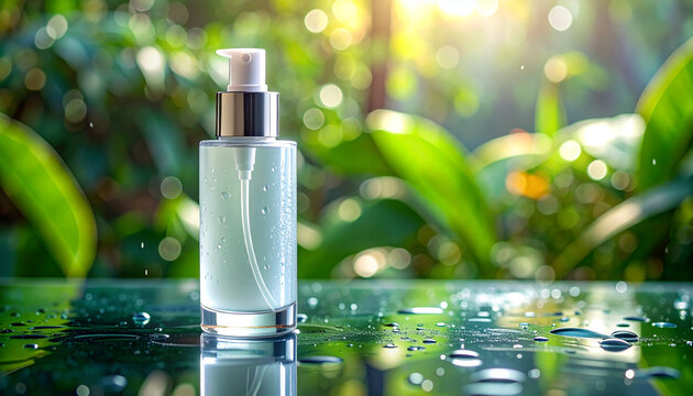 Cosmetic product bottle green nature background