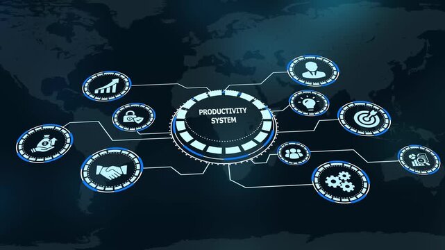 Advanced digital workflow interface illustrating an efficient productivity system with management, optimization, and time tracking icons