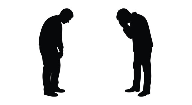 two men in suits bowing their heads in despair isolated on a white background silhouette