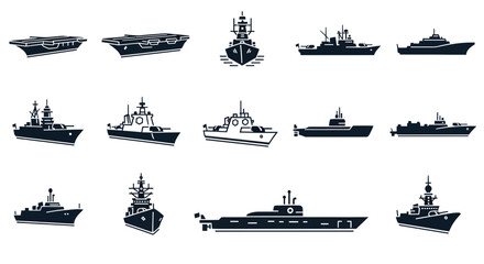 Naval Fleet Icons: Aircraft Carrier, Battleship, Submarine, Destroyer, Yacht © hana