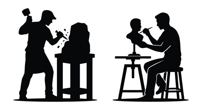 two sculptors working on stone statues with tools artistic craftsmanship silhouette