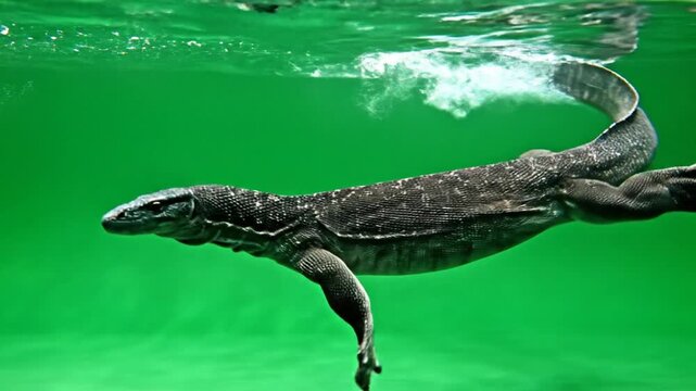 A large dark monitor lizard swimming gracefully underwater in green-tinted water.