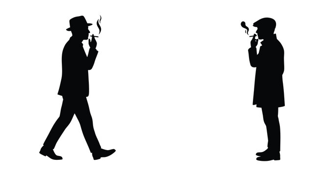 Two men in suits and hats smoking cigarettes facing each other black silhouette